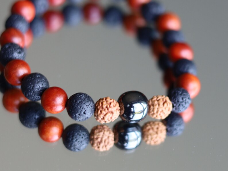 Super bead Leklai bracelet combined with Lava beads and Sandalwood Beads. And with Round Rudraksha beads.