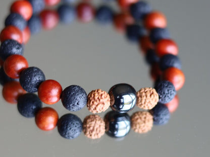 Super bead Leklai bracelet combined with Lava beads and Sandalwood Beads. And with Round Rudraksha beads.