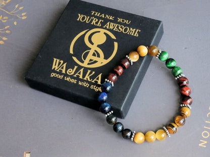 Multi colored tiger eye bead bracelet combined with FLAT SQUARE tibetan Style Alloy Pearl Spacer Discs. Outstanding and Astonishing.