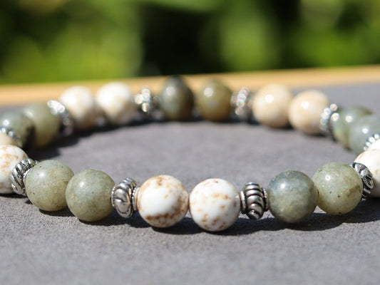 Magnesite and Labradorite bead bracelet. It can help unlock artistic potential, encourage new ideas, and promote imaginative thinking