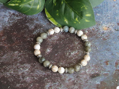 Magnesite and Labradorite bead bracelet. It can help unlock artistic potential, encourage new ideas, and promote imaginative thinking