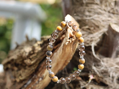 Natural Tiger Eye, Frosted Style Beads with Smoky Quartz Stones. And Tibetan alloy material in antique silver. Exquisite workmanship