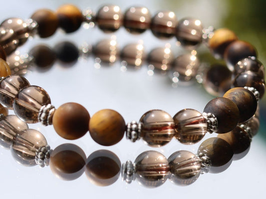 Natural Tiger Eye, Frosted Style Beads with Smoky Quartz Stones. And Tibetan alloy material in antique silver. Exquisite workmanship