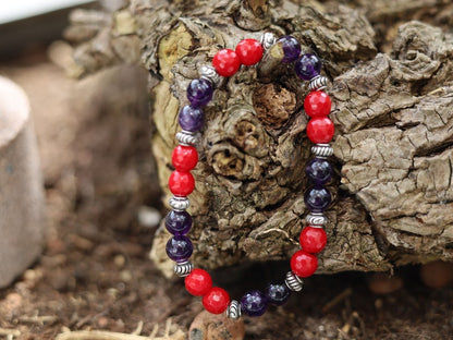 Natural Faceted Red Coral Stone bracelet with Amethyst and Tibetan Style Alloy Spacer Discs. Perfect handmade gifts