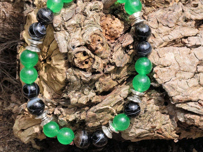 Green Malaysia Jades with Banded Agate beaded bracelet. Banded agate is often used to enhance grounding, stability, and emotional healing.