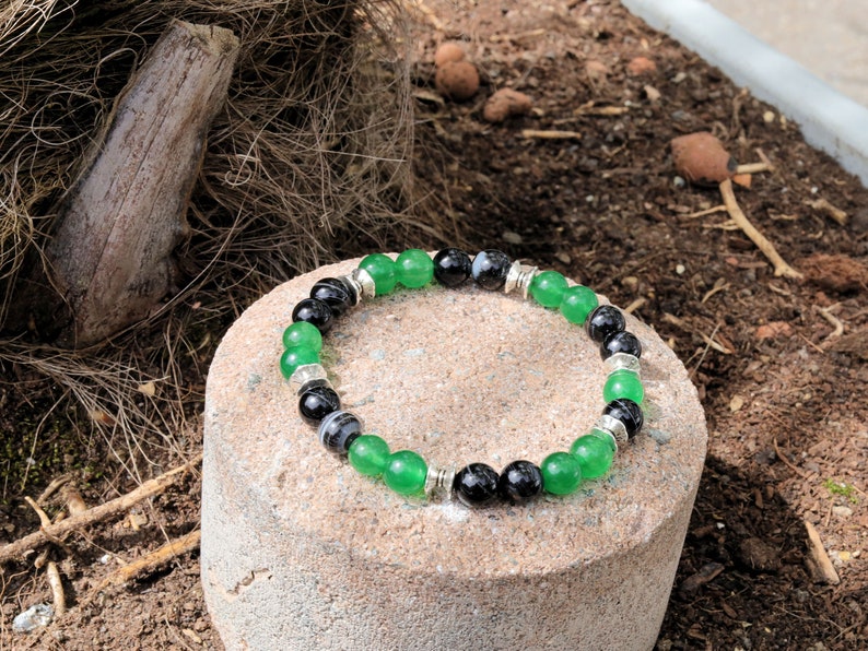 Green Malaysia Jades with Banded Agate beaded bracelet. Banded agate is often used to enhance grounding, stability, and emotional healing.