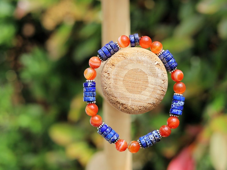 Sea Sediment Jasper Gemstone Heishi Spacer bracelet with Banded Agate black and orange beads. original, and different