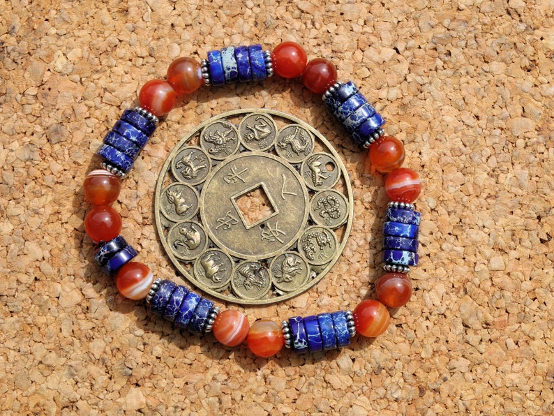 Sea Sediment Jasper Gemstone Heishi Spacer bracelet with Banded Agate black and orange beads. original, and different