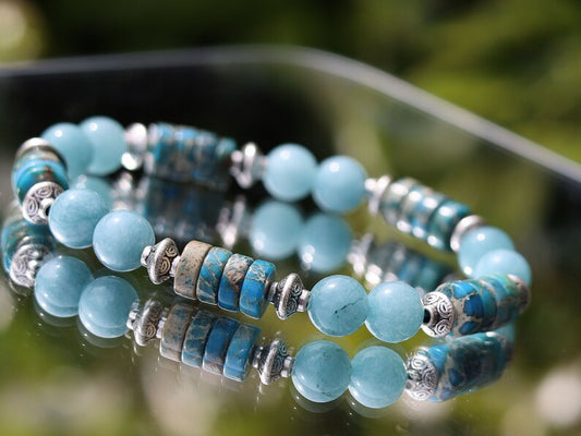 Unique Sea Sediment Jasper Gemstone Heishi Spacer bracelet with aquamarine beads.  a combination of imagination, experimentation