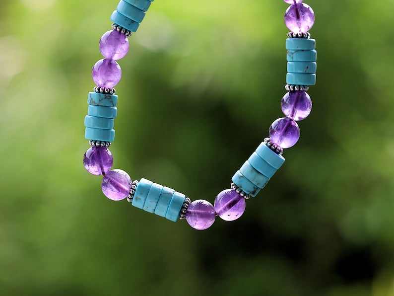 Blue Unique Sea Sediment Jasper Gemstone Heishi Spacer bracelet with aquamarine beads. a combination of imagination, experimentation