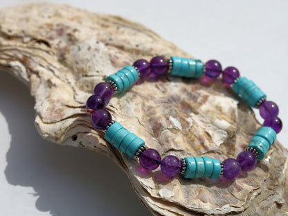 Blue Unique Sea Sediment Jasper Gemstone Heishi Spacer bracelet with aquamarine beads. a combination of imagination, experimentation