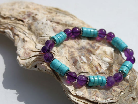Blue Unique Sea Sediment Jasper Gemstone Heishi Spacer bracelet with aquamarine beads. a combination of imagination, experimentation
