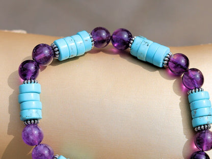 Blue Unique Sea Sediment Jasper Gemstone Heishi Spacer bracelet with aquamarine beads. a combination of imagination, experimentation