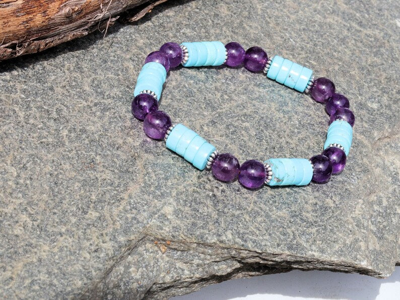 Blue Unique Sea Sediment Jasper Gemstone Heishi Spacer bracelet with aquamarine beads. a combination of imagination, experimentation