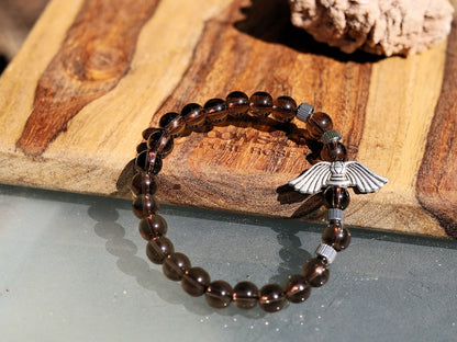 Smoky Quartz Stone bracelet with Angel Wings Beads and Stainless Steel Beads Gold Color.  can serve as a reminder of divine presence
