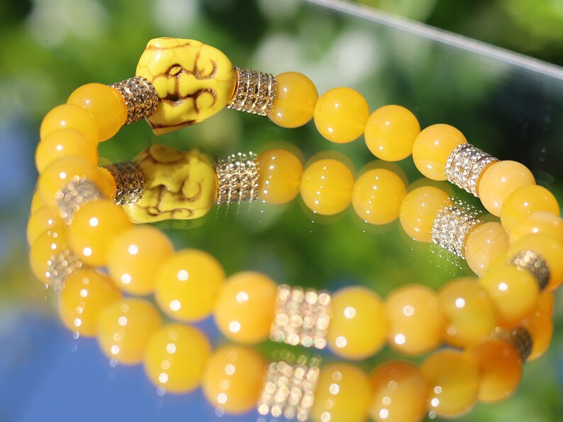 Yellow Chalcedony Jade combined and and Stainless Steel Beads Gold Color.  symbol of happiness and success, protecting those who carry it