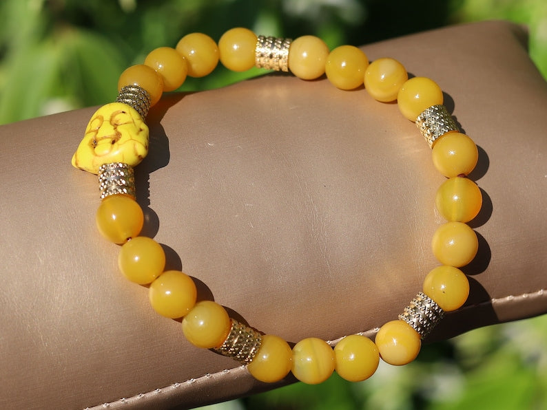 Yellow Chalcedony Jade combined and and Stainless Steel Beads Gold Color.  symbol of happiness and success, protecting those who carry it