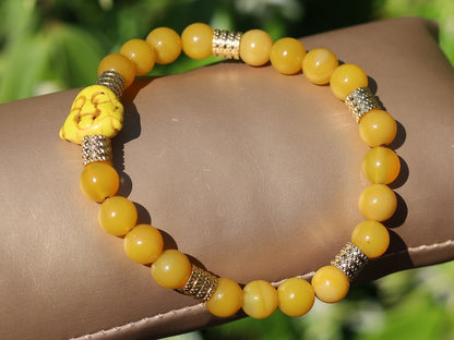 Yellow Chalcedony Jade combined and and Stainless Steel Beads Gold Color.  symbol of happiness and success, protecting those who carry it