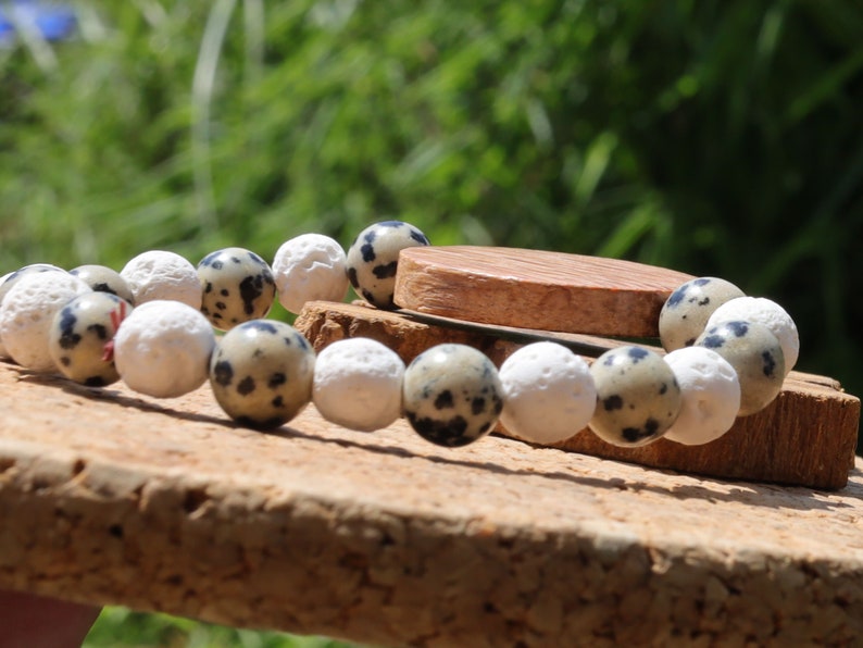 Beautiful, large Palm Wood bracelet with  Dalmatian Jasper and Lava stones are wonderful for calming the emotions.  very nice!