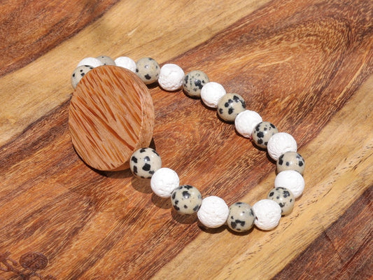 Beautiful, large Palm Wood bracelet with  Dalmatian Jasper and Lava stones are wonderful for calming the emotions.  very nice!