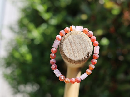 Natural Cylinder Shape Faceted Pink Crystal  Stone bracelet with dark red Crackle Agate Beads.awakens hidden talents and stabilizes the aura