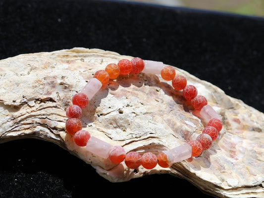 Natural Cylinder Shape Faceted Pink Crystal  Stone bracelet with dark red Crackle Agate Beads.awakens hidden talents and stabilizes the aura