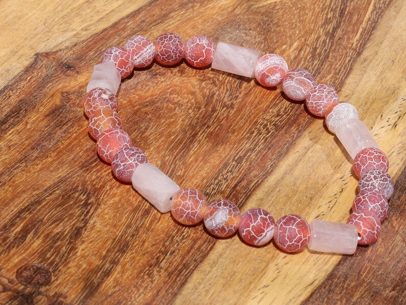 Natural Cylinder Shape Faceted Pink Crystal  Stone bracelet with dark red Crackle Agate Beads.awakens hidden talents and stabilizes the aura