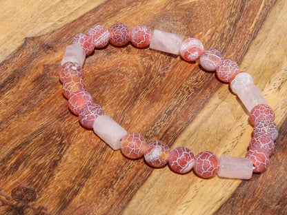 Natural Cylinder Shape Faceted Pink Crystal  Stone bracelet with dark red Crackle Agate Beads.awakens hidden talents and stabilizes the aura