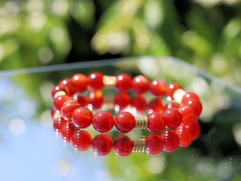 Red stripes agate beads bracelet with stainless Steel Beads Gold Color. enhance self-confidence, promote courage, and  a sense of calmness