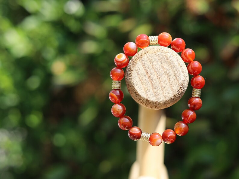 Red stripes agate beads bracelet with stainless Steel Beads Gold Color. enhance self-confidence, promote courage, and  a sense of calmness