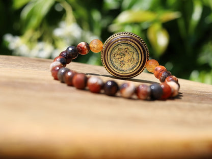 Unique, one of a kind Fire Crackle Agate bracelet with Ethnic Handmade Nepal Pendant God Of Wealth. bodhi, jade line, copper, sandalwood