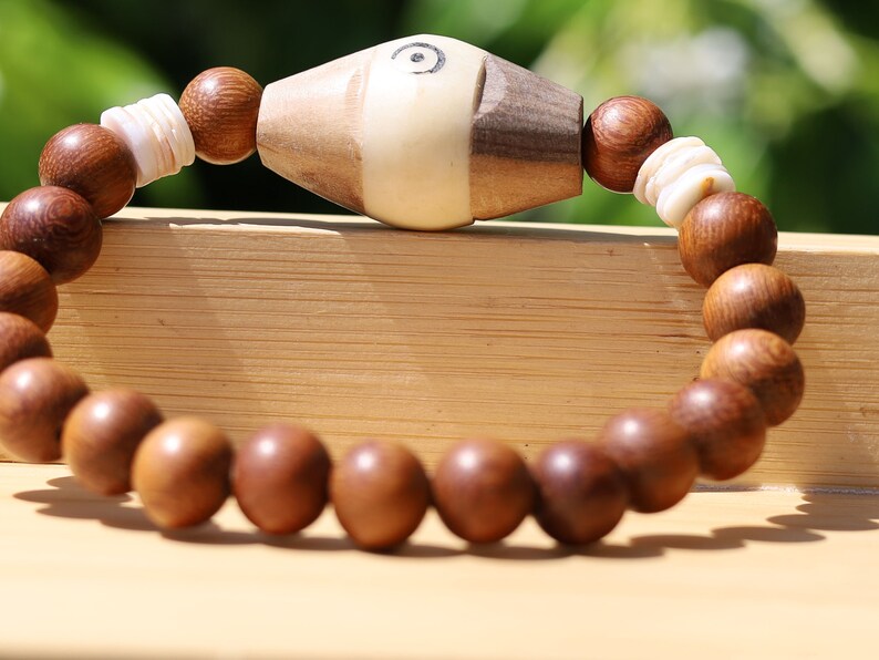 Beautiful, large handmade Tribal Batik-Bone bead from Kenya with Madre de Cacao Wood beads and Ostrich Egg shell Eggshell Beads