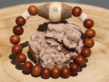Beautiful, large handmade Tribal Batik-Bone bead from Kenya with Madre de Cacao Wood beads and Ostrich Egg shell Eggshell Beads