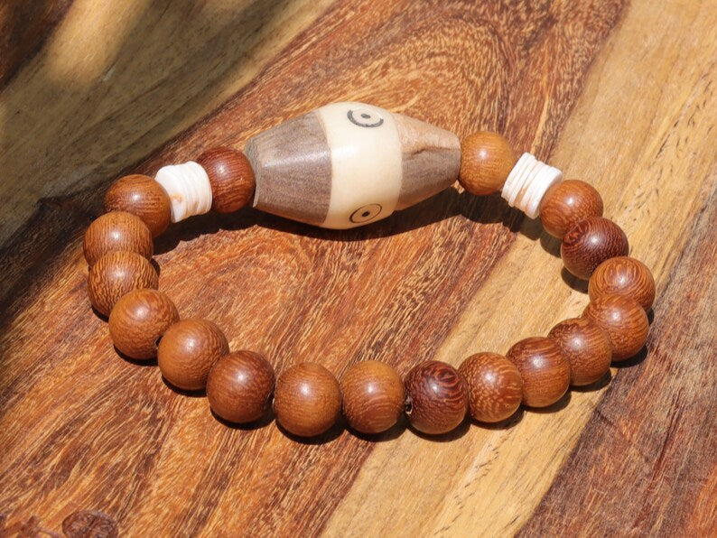 Beautiful, large handmade Tribal Batik-Bone bead from Kenya with Madre de Cacao Wood beads and Ostrich Egg shell Eggshell Beads