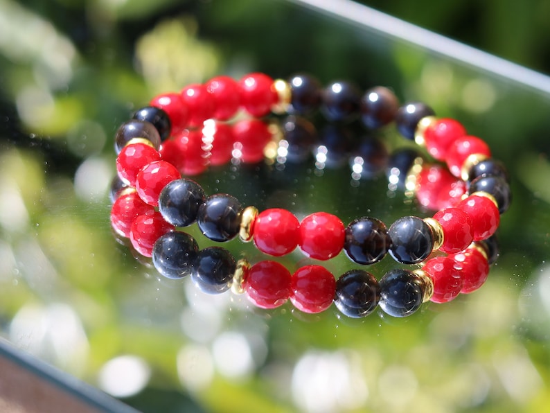 Natural Faceted Red Coral Stone bracelet with Natural Stone Beads Black Obsidian. helping to shield against negative energies