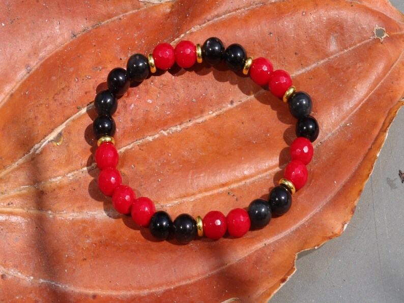 Natural Faceted Red Coral Stone bracelet with Natural Stone Beads Black Obsidian. helping to shield against negative energies