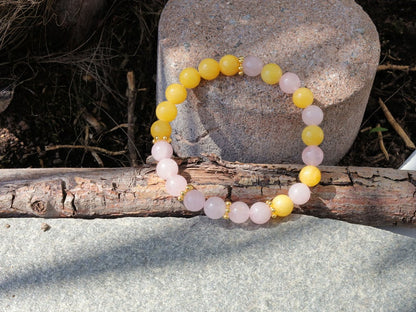 Yellow  Chalcedony Jade combined with Rose quartz  and Antique Gold spacer beads. a symbol of happiness and success
