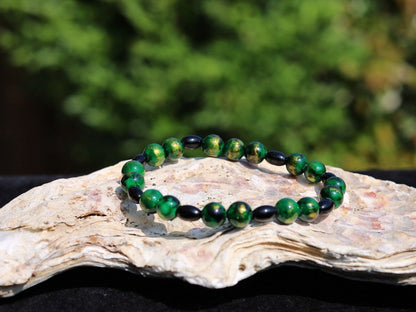 Natural Black Agate Barrel Beads 6mm x 9mm Oval Barrel Shape Stone. With Green Gold Jadeite beads.The art of expressing your taste and style