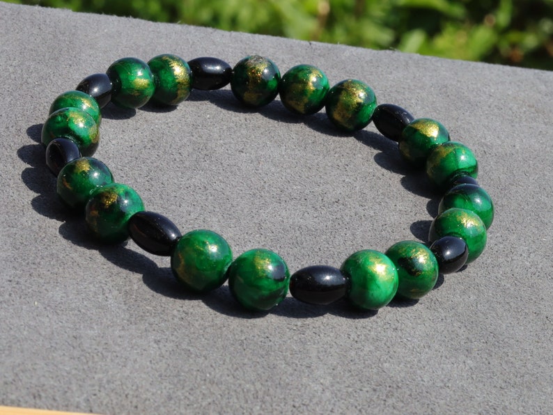 Natural Black Agate Barrel Beads 6mm x 9mm Oval Barrel Shape Stone. With Green Gold Jadeite beads.The art of expressing your taste and style