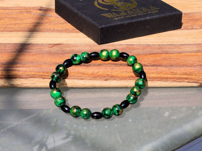 Natural Black Agate Barrel Beads 6mm x 9mm Oval Barrel Shape Stone. With Green Gold Jadeite beads.The art of expressing your taste and style