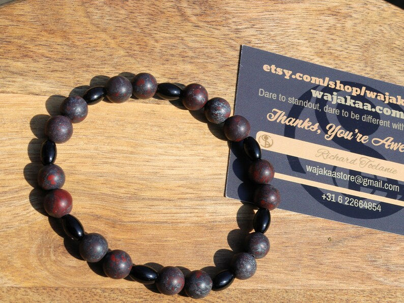 Safflower Jasper bracelet with Natural Black Agate Barrel Beads 6mm x 9mm. The art of expressing your taste and style. handmade gifts