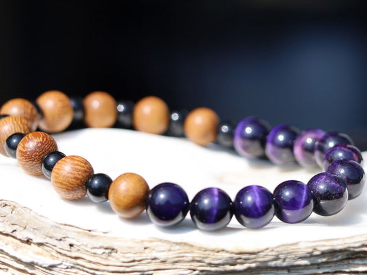 Unique Madre de Cacao Wood bracelet combined with Purple Tiger Eye, also known as Falcon's Eye or Hawk's Eye.