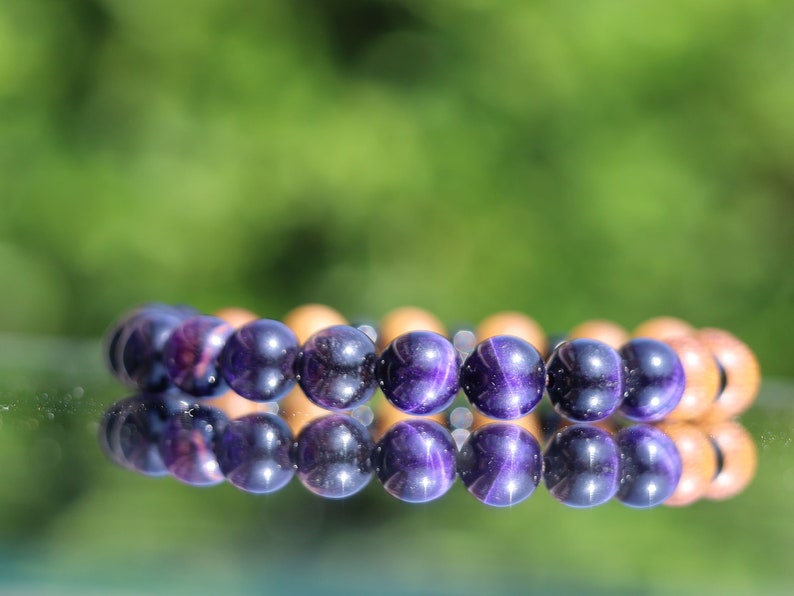 Unique Madre de Cacao Wood bracelet combined with Purple Tiger Eye, also known as Falcon's Eye or Hawk's Eye.