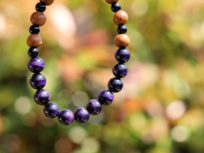 Unique Madre de Cacao Wood bracelet combined with Purple Tiger Eye, also known as Falcon's Eye or Hawk's Eye.