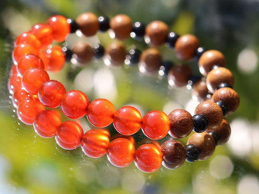 Unique Madre de Cacao Wood bracelet combined with Carnelian red beads. And Black Round Natural Wood Beads. unique style