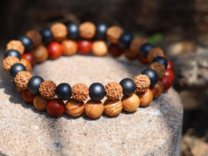 Wooden Bracelet Set. Sandalwood black and Rudraksha beads.  Raja Kayu matte beads with Sandalwood/red/brown.