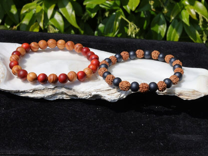 Wooden Bracelet Set. Sandalwood black and Rudraksha beads.  Raja Kayu matte beads with Sandalwood/red/brown.