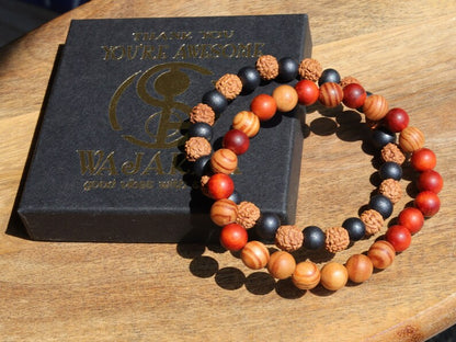 Wooden Bracelet Set. Sandalwood black and Rudraksha beads.  Raja Kayu matte beads with Sandalwood/red/brown.