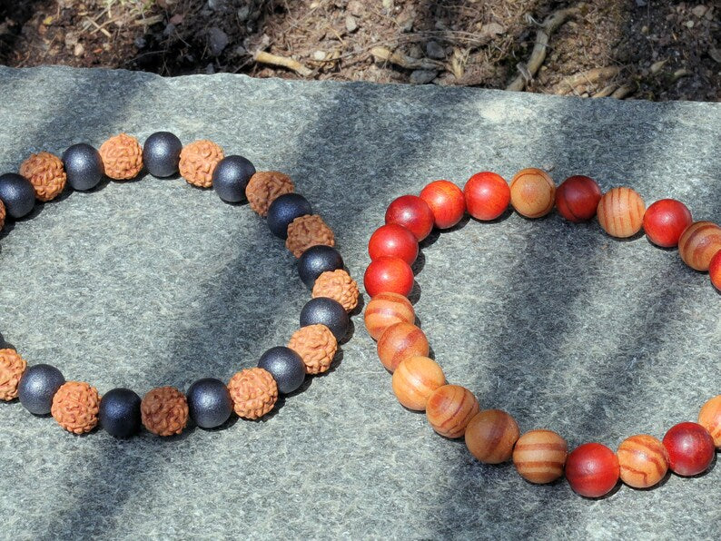 Wooden Bracelet Set. Sandalwood black and Rudraksha beads.  Raja Kayu matte beads with Sandalwood/red/brown.