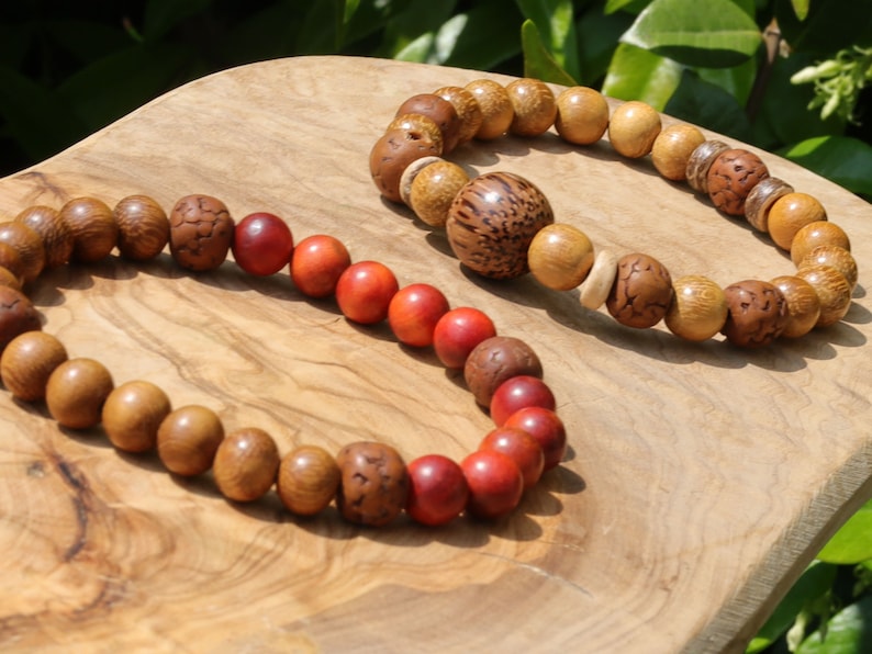 Wooden Bracelet set. Jackfruit beads with red Natural Wood and Polished Rudraksha beads. Madre De Cacao Wood and Palmwood and Coconut.